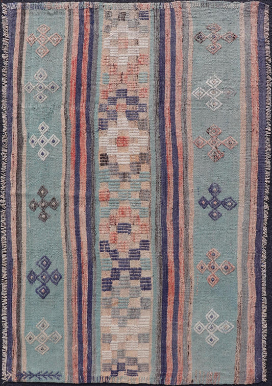 Measures: 3'6 x 5'5 Stripe Design Turkish Vintage Flat - Weave Rug In Light Green, Purple, and Peach. Keivan Woven Arts / rug TU - NED - 5018, country of origin / type: Turkey / Kilim, circa 1960 This vintage Turkish Kilim rug features a contemporary ... - Keivan Woven ArtsTU - NED - 5018 - 22255Rug