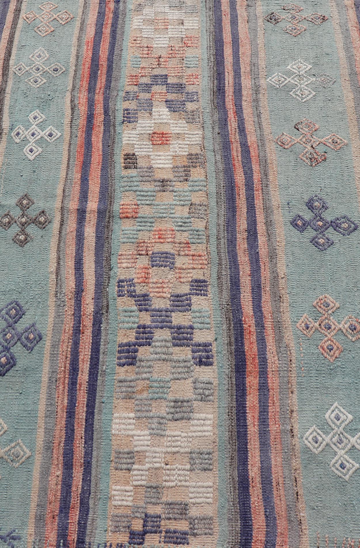 Measures: 3'6 x 5'5 Stripe Design Turkish Vintage Flat - Weave Rug In Light Green, Purple, and Peach. Keivan Woven Arts / rug TU - NED - 5018, country of origin / type: Turkey / Kilim, circa 1960 This vintage Turkish Kilim rug features a contemporary ... - Keivan Woven ArtsTU - NED - 5018 - 22255Rug