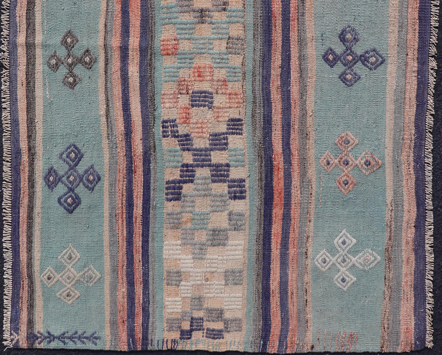 Measures: 3'6 x 5'5 Stripe Design Turkish Vintage Flat - Weave Rug In Light Green, Purple, and Peach. Keivan Woven Arts / rug TU - NED - 5018, country of origin / type: Turkey / Kilim, circa 1960 This vintage Turkish Kilim rug features a contemporary ... - Keivan Woven ArtsTU - NED - 5018 - 22255Rug