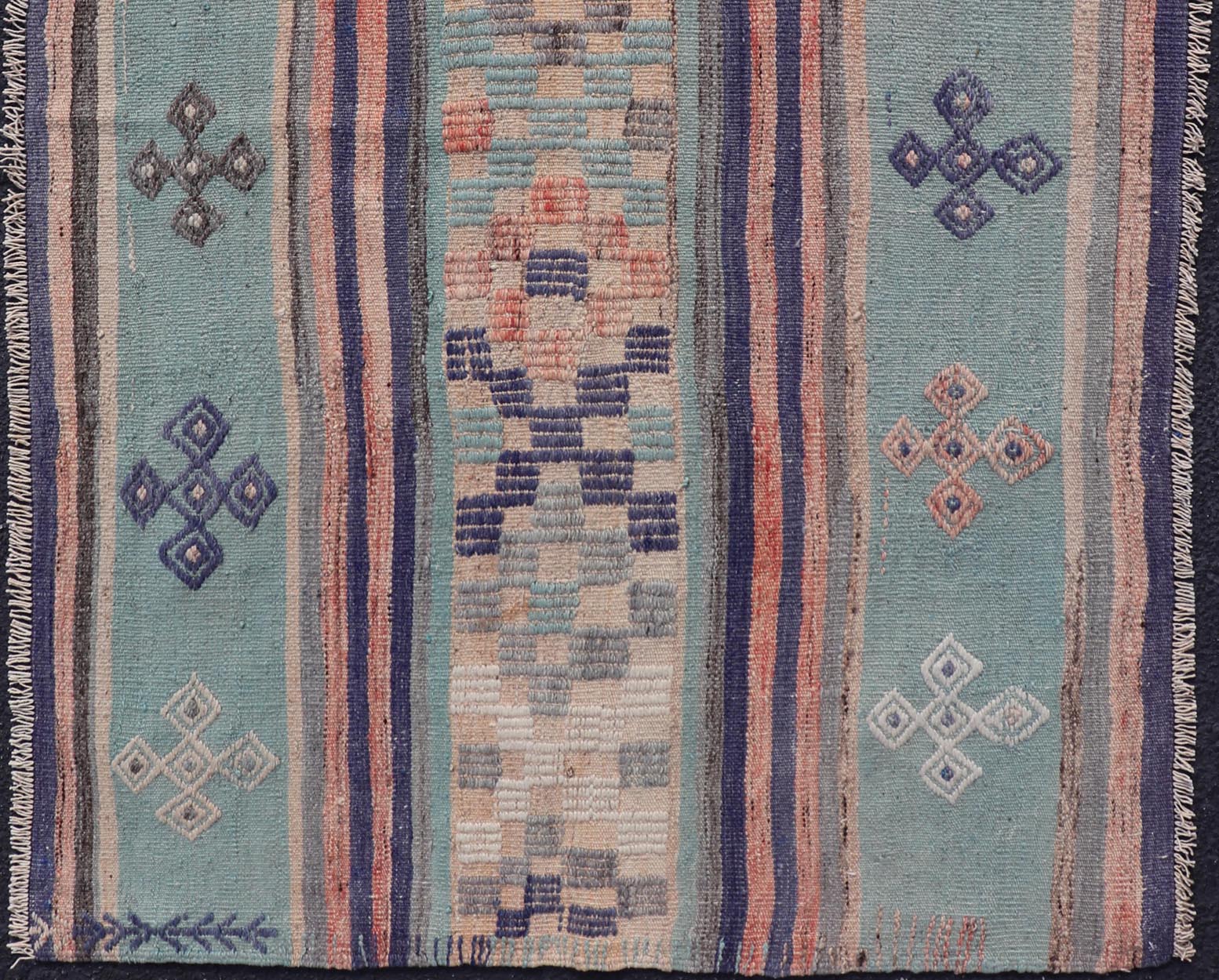 Measures: 3'6 x 5'5 Stripe Design Turkish Vintage Flat - Weave Rug In Light Green, Purple, and Peach. Keivan Woven Arts / rug TU - NED - 5018, country of origin / type: Turkey / Kilim, circa 1960 This vintage Turkish Kilim rug features a contemporary ... - Keivan Woven ArtsTU - NED - 5018 - 22255Rug