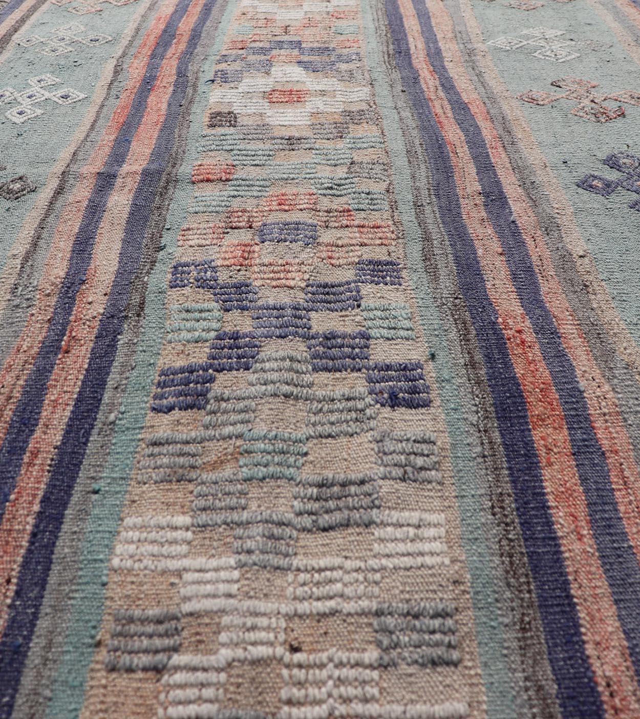Measures: 3'6 x 5'5 Stripe Design Turkish Vintage Flat - Weave Rug In Light Green, Purple, and Peach. Keivan Woven Arts / rug TU - NED - 5018, country of origin / type: Turkey / Kilim, circa 1960 This vintage Turkish Kilim rug features a contemporary ... - Keivan Woven ArtsTU - NED - 5018 - 22255Rug