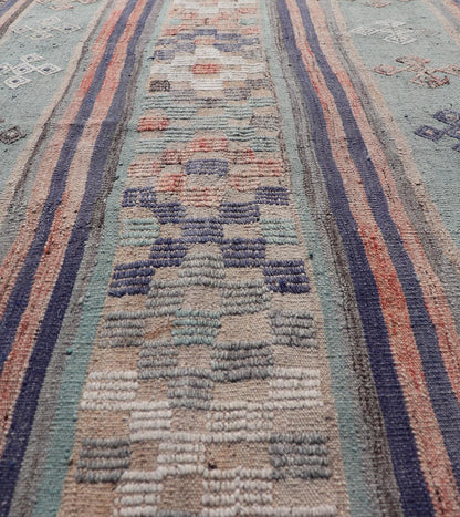 Measures: 3'6 x 5'5 Stripe Design Turkish Vintage Flat - Weave Rug In Light Green, Purple, and Peach. Keivan Woven Arts / rug TU - NED - 5018, country of origin / type: Turkey / Kilim, circa 1960 This vintage Turkish Kilim rug features a contemporary ... - Keivan Woven ArtsTU - NED - 5018 - 22255Rug