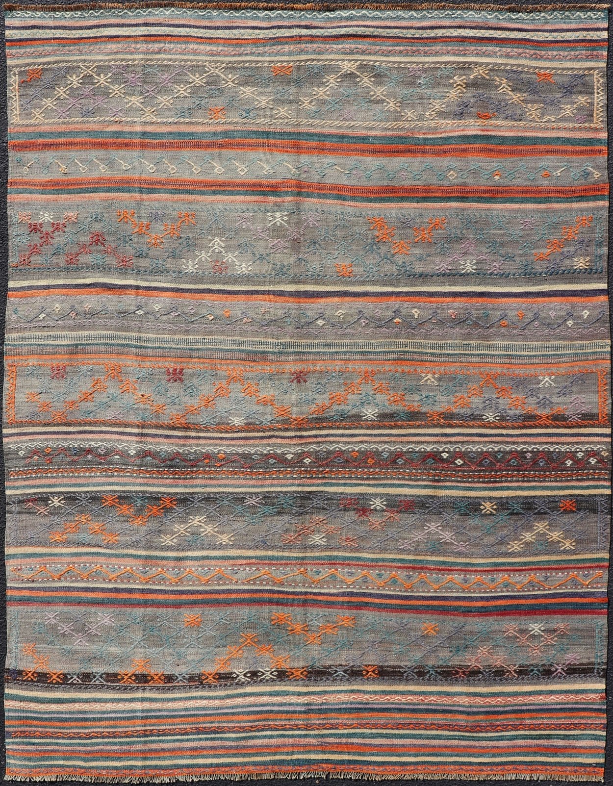 Measures: 5'11 x 8'0 Colorful Vintage Turkish Embroidered Kilim with Stripes and Geometric Motifs. Keivan Woven Arts / rug TU - NED - 5019, country of origin / type: Turkey / Kilim, circa 1950 This vintage Turkish flat - woven Kilim features a minimal... - Keivan Woven ArtsTU - NED - 5019 - 23018Rug
