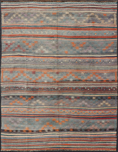 Measures: 5'11 x 8'0 Colorful Vintage Turkish Embroidered Kilim with Stripes and Geometric Motifs. Keivan Woven Arts / rug TU - NED - 5019, country of origin / type: Turkey / Kilim, circa 1950 This vintage Turkish flat - woven Kilim features a minimal... - Keivan Woven ArtsTU - NED - 5019 - 23018Rug