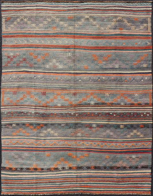 Measures: 5'11 x 8'0 Colorful Vintage Turkish Embroidered Kilim with Stripes and Geometric Motifs. Keivan Woven Arts / rug TU - NED - 5019, country of origin / type: Turkey / Kilim, circa 1950 This vintage Turkish flat - woven Kilim features a minimal... - Keivan Woven ArtsTU - NED - 5019 - 23018Rug