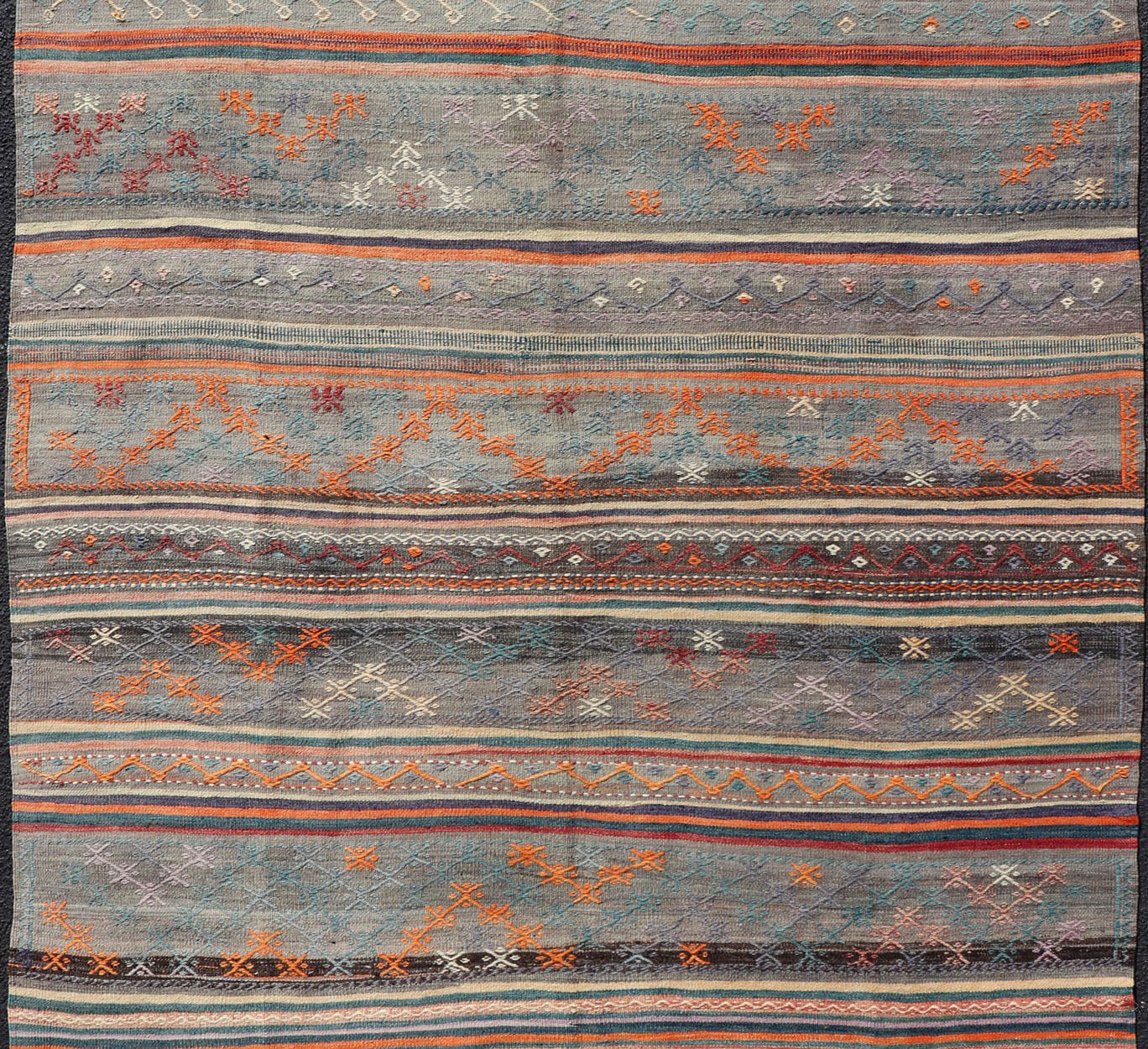 Measures: 5'11 x 8'0 Colorful Vintage Turkish Embroidered Kilim with Stripes and Geometric Motifs. Keivan Woven Arts / rug TU - NED - 5019, country of origin / type: Turkey / Kilim, circa 1950 This vintage Turkish flat - woven Kilim features a minimal... - Keivan Woven ArtsTU - NED - 5019 - 23018Rug