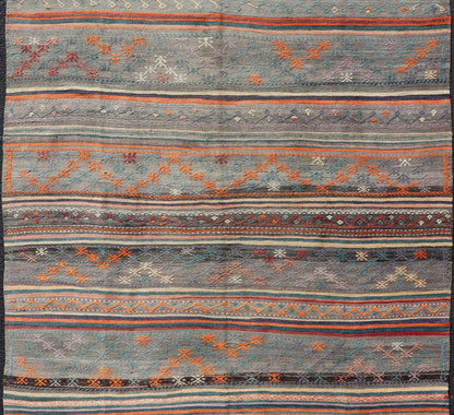 Measures: 5'11 x 8'0 Colorful Vintage Turkish Embroidered Kilim with Stripes and Geometric Motifs. Keivan Woven Arts / rug TU - NED - 5019, country of origin / type: Turkey / Kilim, circa 1950 This vintage Turkish flat - woven Kilim features a minimal... - Keivan Woven ArtsTU - NED - 5019 - 23018Rug