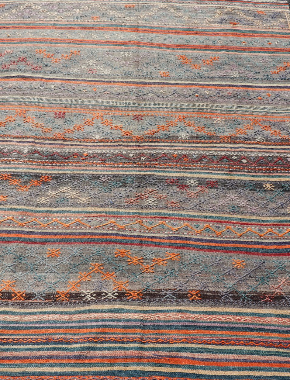 Measures: 5'11 x 8'0 Colorful Vintage Turkish Embroidered Kilim with Stripes and Geometric Motifs. Keivan Woven Arts / rug TU - NED - 5019, country of origin / type: Turkey / Kilim, circa 1950 This vintage Turkish flat - woven Kilim features a minimal... - Keivan Woven ArtsTU - NED - 5019 - 23018Rug