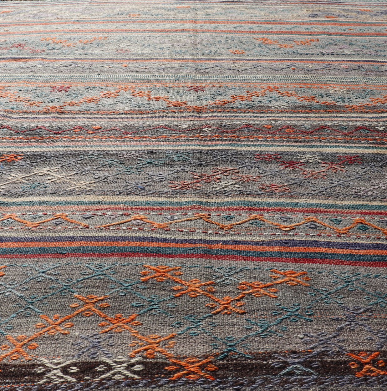 Measures: 5'11 x 8'0 Colorful Vintage Turkish Embroidered Kilim with Stripes and Geometric Motifs. Keivan Woven Arts / rug TU - NED - 5019, country of origin / type: Turkey / Kilim, circa 1950 This vintage Turkish flat - woven Kilim features a minimal... - Keivan Woven ArtsTU - NED - 5019 - 23018Rug