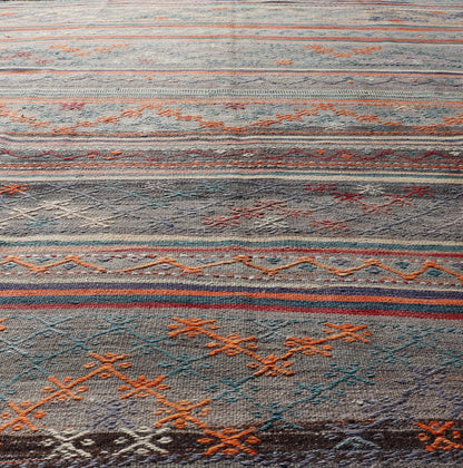 Measures: 5'11 x 8'0 Colorful Vintage Turkish Embroidered Kilim with Stripes and Geometric Motifs. Keivan Woven Arts / rug TU - NED - 5019, country of origin / type: Turkey / Kilim, circa 1950 This vintage Turkish flat - woven Kilim features a minimal... - Keivan Woven ArtsTU - NED - 5019 - 23018Rug