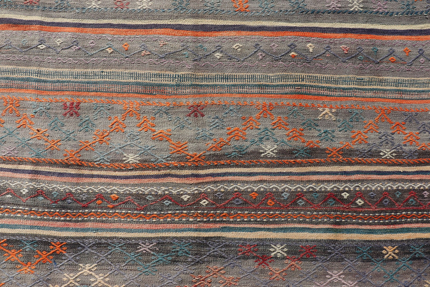 Measures: 5'11 x 8'0 Colorful Vintage Turkish Embroidered Kilim with Stripes and Geometric Motifs. Keivan Woven Arts / rug TU - NED - 5019, country of origin / type: Turkey / Kilim, circa 1950 This vintage Turkish flat - woven Kilim features a minimal... - Keivan Woven ArtsTU - NED - 5019 - 23018Rug