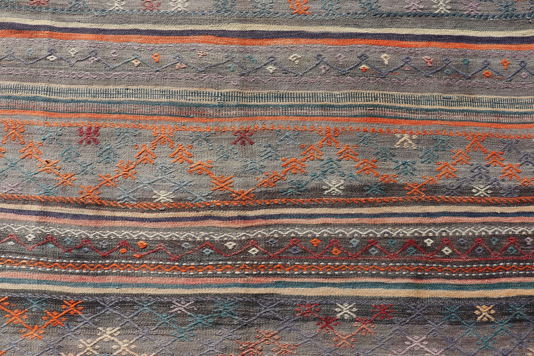 Measures: 5'11 x 8'0 Colorful Vintage Turkish Embroidered Kilim with Stripes and Geometric Motifs. Keivan Woven Arts / rug TU - NED - 5019, country of origin / type: Turkey / Kilim, circa 1950 This vintage Turkish flat - woven Kilim features a minimal... - Keivan Woven ArtsTU - NED - 5019 - 23018Rug