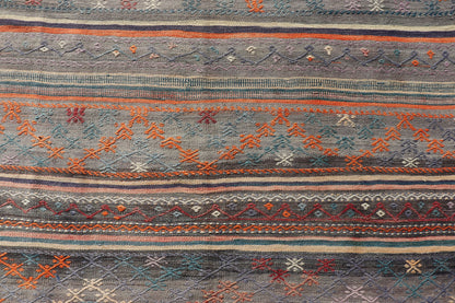 Measures: 5'11 x 8'0 Colorful Vintage Turkish Embroidered Kilim with Stripes and Geometric Motifs. Keivan Woven Arts / rug TU - NED - 5019, country of origin / type: Turkey / Kilim, circa 1950 This vintage Turkish flat - woven Kilim features a minimal... - Keivan Woven ArtsTU - NED - 5019 - 23018Rug