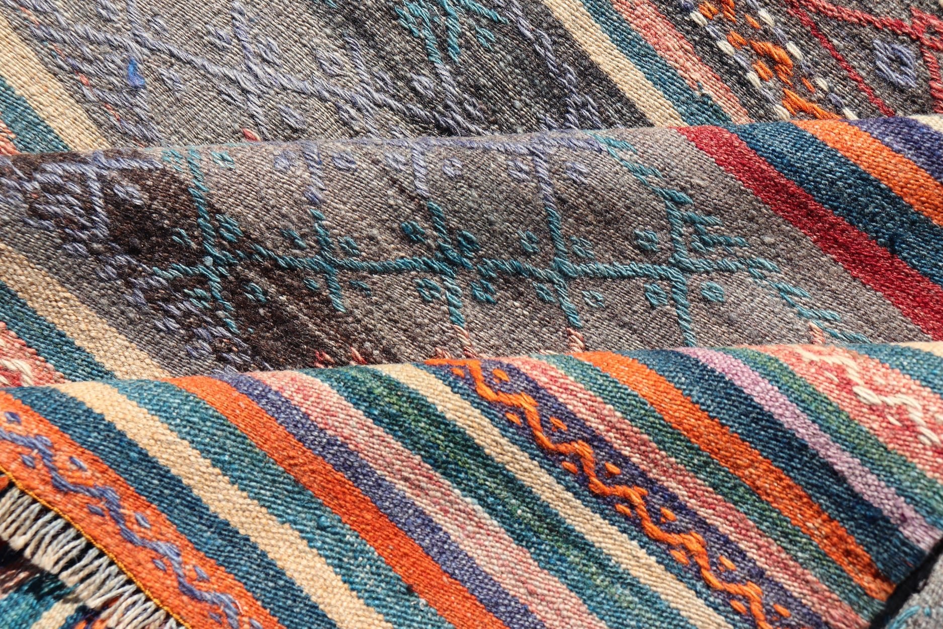 Measures: 5'11 x 8'0 Colorful Vintage Turkish Embroidered Kilim with Stripes and Geometric Motifs. Keivan Woven Arts / rug TU - NED - 5019, country of origin / type: Turkey / Kilim, circa 1950 This vintage Turkish flat - woven Kilim features a minimal... - Keivan Woven ArtsTU - NED - 5019 - 23018Rug