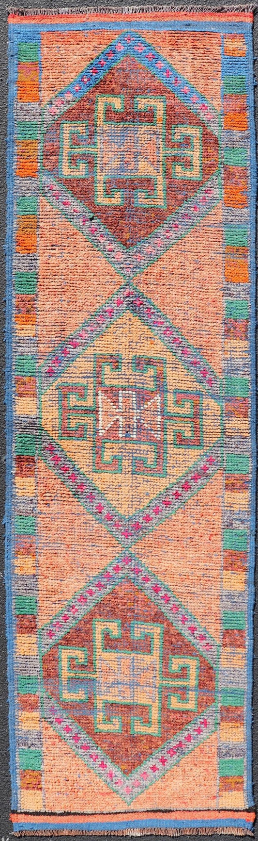Measures: 2'10 x 9'9 Multicolored Mid - Century Turkish Kurdish Oushak Runner With Large Medallions. Keivan Woven Arts / rug TU - NED - 5020, country of origin / type: Iran / Kurdish Oushak, circa 1960 This Kurdish tribal rug was woven by Kurdish weav... - Keivan Woven ArtsTU - NED - 5020 - 22261