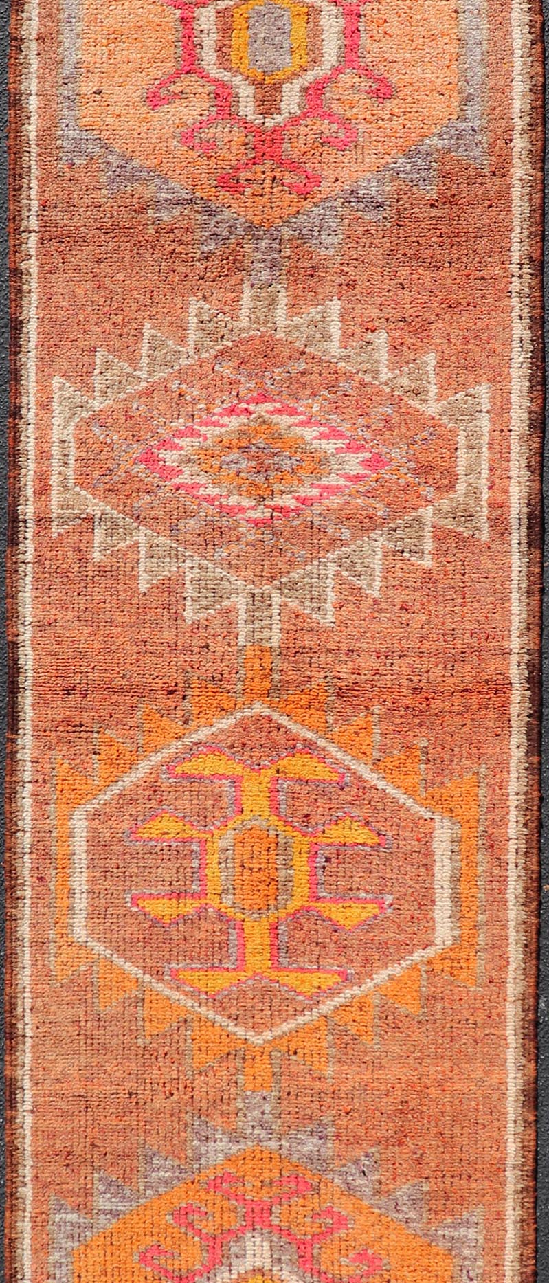 Measures: 2'9 x 11'0 Vintage Turkish Runner with Large Medallion Kurdish Design in Earthy Tones. Keivan Woven Arts / rug TU - NED - 5021, country of origin / type: Turkey / Oushak, circa 1960. This beautiful vintage Oushak runner from 1960s Turkey f... - Keivan Woven ArtsTU - NED - 5021 - 22267Rug