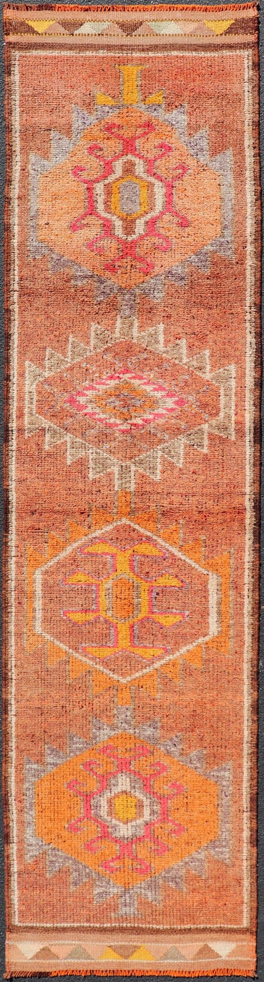 Measures: 2'9 x 11'0 Vintage Turkish Runner with Large Medallion Kurdish Design in Earthy Tones. Keivan Woven Arts / rug TU - NED - 5021, country of origin / type: Turkey / Oushak, circa 1960. This beautiful vintage Oushak runner from 1960s Turkey f... - Keivan Woven ArtsTU - NED - 5021 - 22267Rug