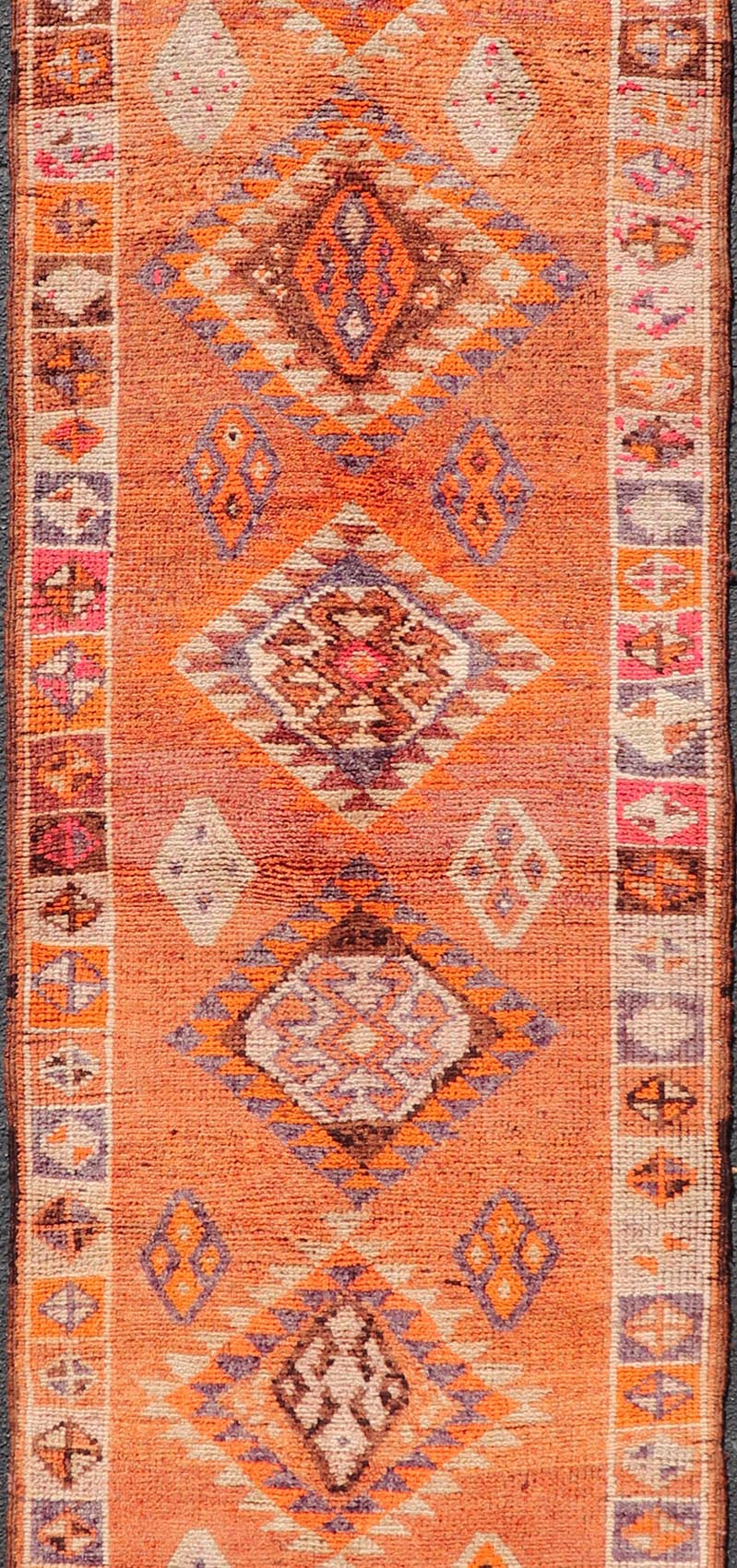 Measures: 3'0 x 14'2 Multicolored Midcentury Turkish Kurdish Oushak Runner with Diamond Medallions. Keivan Woven Arts / rug TU - NED - 5022, country of origin / type: Iran / Kurdish Oushak, circa 1950 This Kurdish tribal rug was woven with the empha... - Keivan Woven ArtsTU - NED - 5022 - 22273Rug