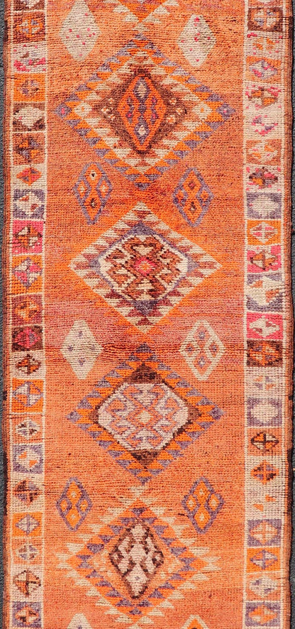 Measures: 3'0 x 14'2 Multicolored Midcentury Turkish Kurdish Oushak Runner with Diamond Medallions. Keivan Woven Arts / rug TU - NED - 5022, country of origin / type: Iran / Kurdish Oushak, circa 1950 This Kurdish tribal rug was woven with the empha... - Keivan Woven ArtsTU - NED - 5022 - 22273Rug