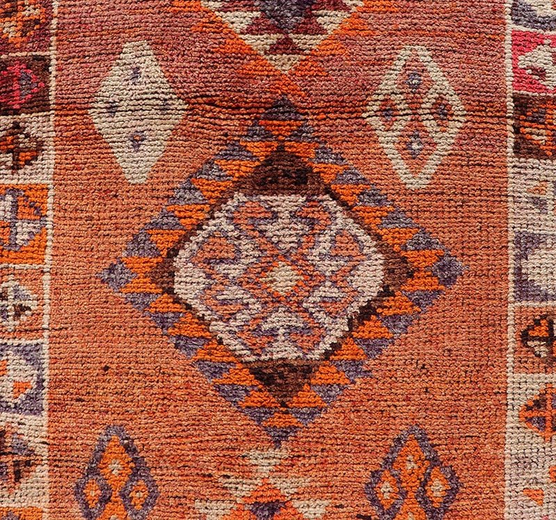 Measures: 3'0 x 14'2 Multicolored Midcentury Turkish Kurdish Oushak Runner with Diamond Medallions. Keivan Woven Arts / rug TU - NED - 5022, country of origin / type: Iran / Kurdish Oushak, circa 1950 This Kurdish tribal rug was woven with the empha... - Keivan Woven ArtsTU - NED - 5022 - 22273Rug