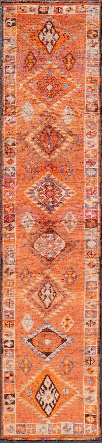 Measures: 3'0 x 14'2 Multicolored Midcentury Turkish Kurdish Oushak Runner with Diamond Medallions. Keivan Woven Arts / rug TU - NED - 5022, country of origin / type: Iran / Kurdish Oushak, circa 1950 This Kurdish tribal rug was woven with the empha... - Keivan Woven ArtsTU - NED - 5022 - 22273Rug