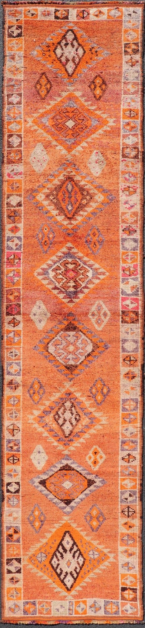 Measures: 3'0 x 14'2 Multicolored Midcentury Turkish Kurdish Oushak Runner with Diamond Medallions. Keivan Woven Arts / rug TU - NED - 5022, country of origin / type: Iran / Kurdish Oushak, circa 1950 This Kurdish tribal rug was woven with the empha... - Keivan Woven ArtsTU - NED - 5022 - 22273Rug