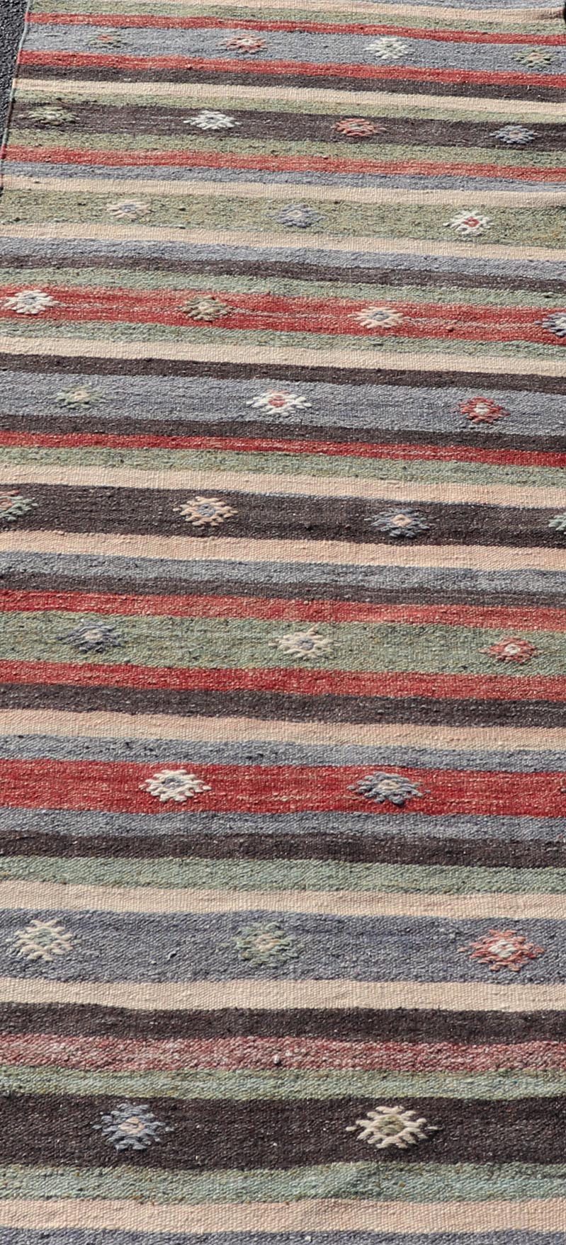 Turkish Vintage Kilim Striped Runner with Tribal Motifs in Copper and Greens Measures: 2'8 x 10'7 Turkish Vintage Kilim Striped Runner with Tribal Motifs in Copper and Greens. Keivan Woven Arts / rug TU - NED - 5023, country of origin / type: T... - Keivan Woven ArtsTU - NED - 5023 - 22279Rug