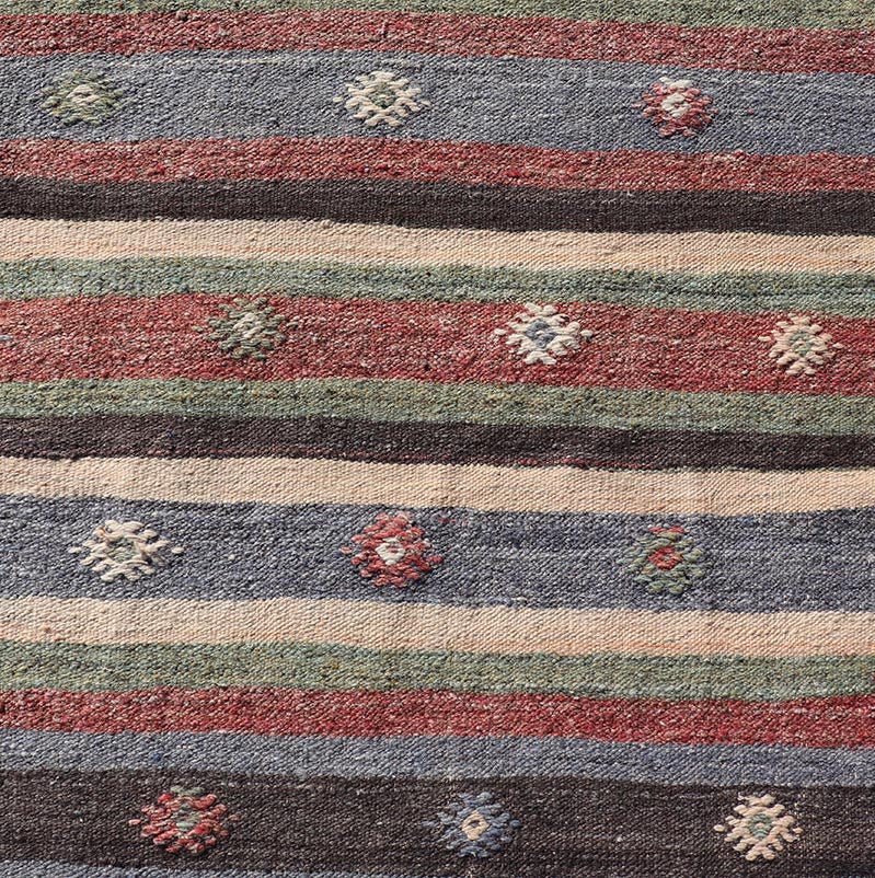 Turkish Vintage Kilim Striped Runner with Tribal Motifs in Copper and Greens Measures: 2'8 x 10'7 Turkish Vintage Kilim Striped Runner with Tribal Motifs in Copper and Greens. Keivan Woven Arts / rug TU - NED - 5023, country of origin / type: T... - Keivan Woven ArtsTU - NED - 5023 - 22279Rug