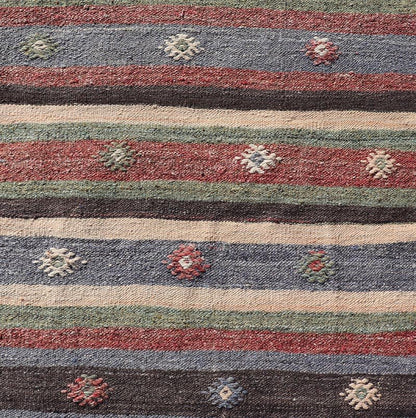 Turkish Vintage Kilim Striped Runner with Tribal Motifs in Copper and Greens Measures: 2'8 x 10'7 Turkish Vintage Kilim Striped Runner with Tribal Motifs in Copper and Greens. Keivan Woven Arts / rug TU - NED - 5023, country of origin / type: T... - Keivan Woven ArtsTU - NED - 5023 - 22279Rug