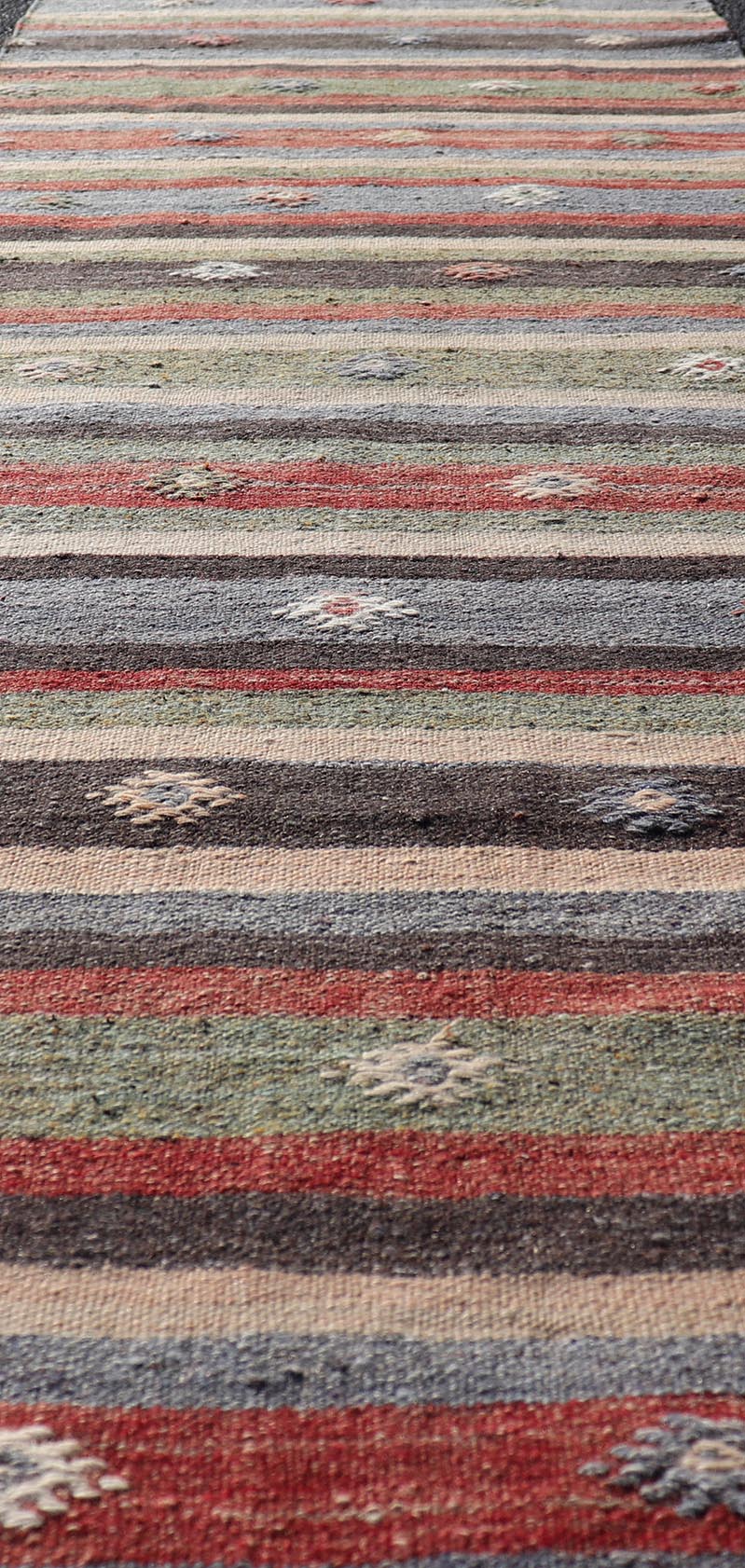 Turkish Vintage Kilim Striped Runner with Tribal Motifs in Copper and Greens Measures: 2'8 x 10'7 Turkish Vintage Kilim Striped Runner with Tribal Motifs in Copper and Greens. Keivan Woven Arts / rug TU - NED - 5023, country of origin / type: T... - Keivan Woven ArtsTU - NED - 5023 - 22279Rug