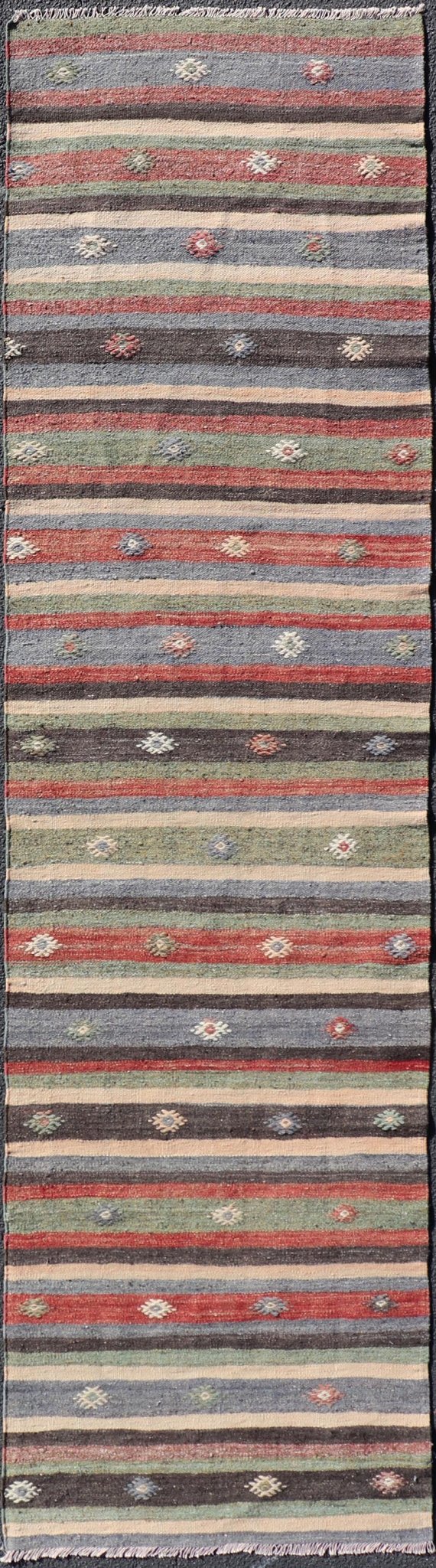 Turkish Vintage Kilim Striped Runner with Tribal Motifs in Copper and Greens Measures: 2'8 x 10'7 Turkish Vintage Kilim Striped Runner with Tribal Motifs in Copper and Greens. Keivan Woven Arts / rug TU - NED - 5023, country of origin / type: T... - Keivan Woven ArtsTU - NED - 5023 - 22279Rug