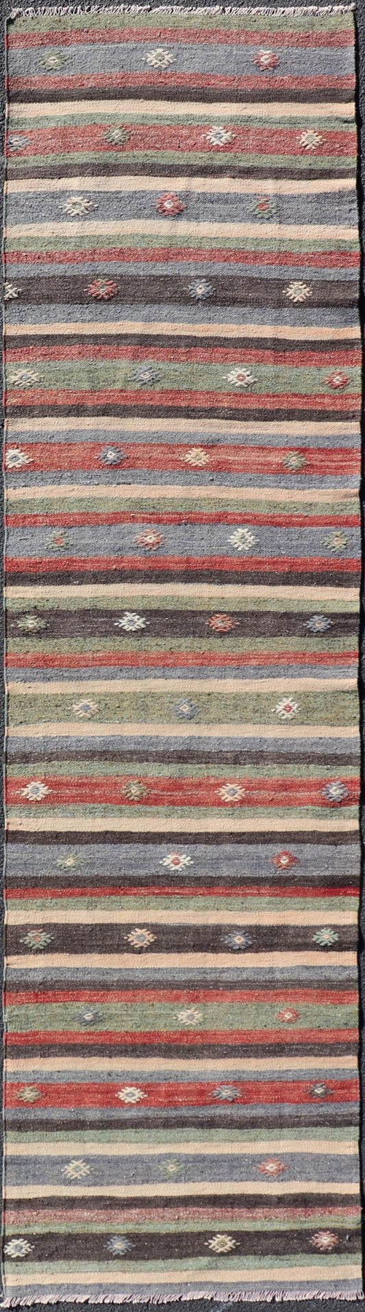 Turkish Vintage Kilim Striped Runner with Tribal Motifs in Copper and Greens Measures: 2'8 x 10'7 Turkish Vintage Kilim Striped Runner with Tribal Motifs in Copper and Greens. Keivan Woven Arts / rug TU - NED - 5023, country of origin / type: T... - Keivan Woven ArtsTU - NED - 5023 - 22279Rug