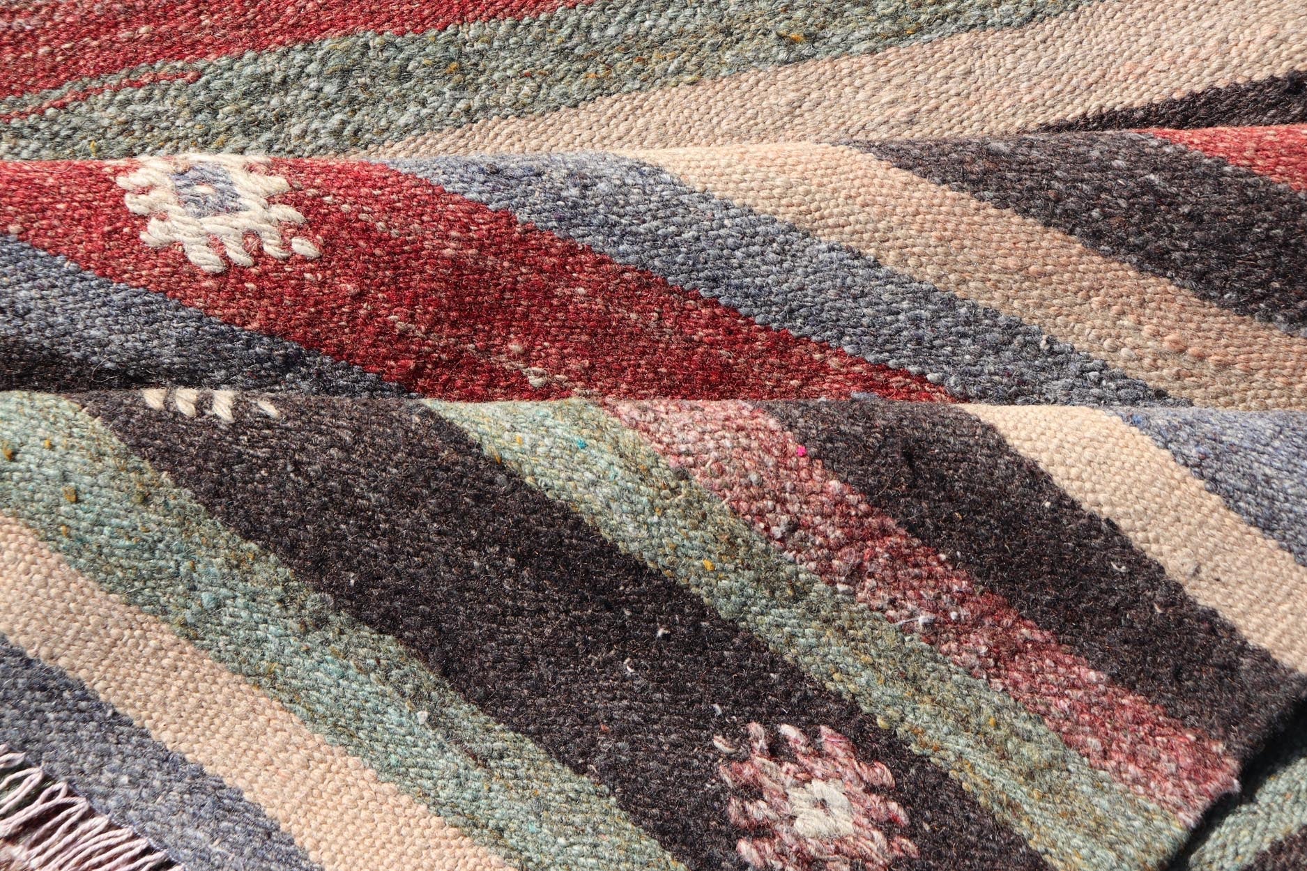Turkish Vintage Kilim Striped Runner with Tribal Motifs in Copper and Greens Measures: 2'8 x 10'7 Turkish Vintage Kilim Striped Runner with Tribal Motifs in Copper and Greens. Keivan Woven Arts / rug TU - NED - 5023, country of origin / type: T... - Keivan Woven ArtsTU - NED - 5023 - 22279Rug