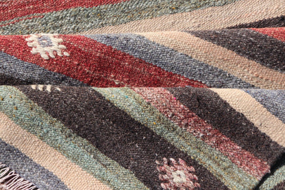 Turkish Vintage Kilim Striped Runner with Tribal Motifs in Copper and Greens Measures: 2'8 x 10'7 Turkish Vintage Kilim Striped Runner with Tribal Motifs in Copper and Greens. Keivan Woven Arts / rug TU - NED - 5023, country of origin / type: T... - Keivan Woven ArtsTU - NED - 5023 - 22279Rug