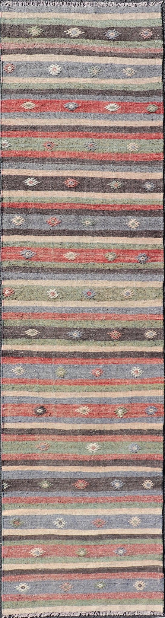Measures: 2'8 x 10'8 Turkish Vintage Kilim Striped Runner with Tribal Motifs in Copper and Greens. Keivan Woven Arts / rug TU - NED - 5024, country of origin / type: Turkey / Kilim, circa 1950 This vintage flat - woven Kilim runner features a minimali... - Keivan Woven ArtsTU - NED - 5024 - 22285Rug