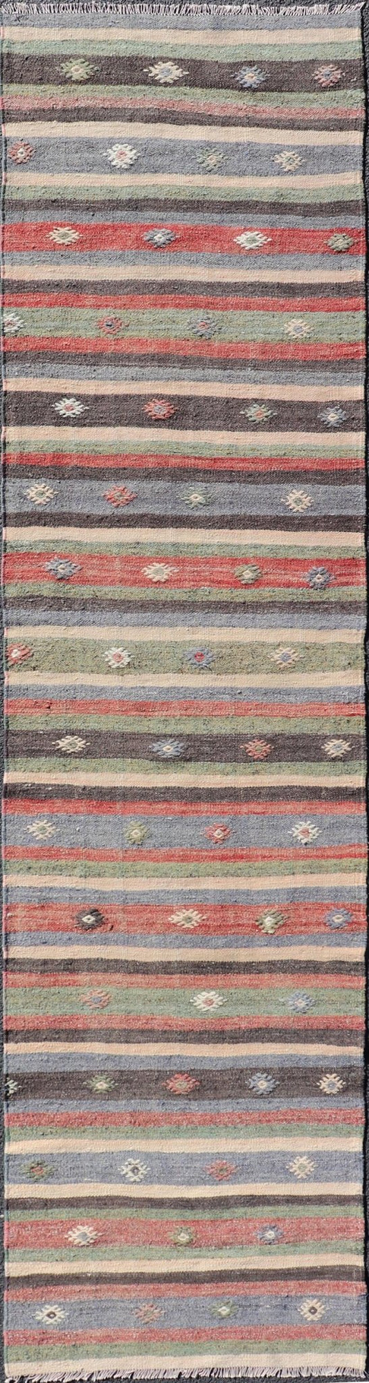 Measures: 2'8 x 10'8 Turkish Vintage Kilim Striped Runner with Tribal Motifs in Copper and Greens. Keivan Woven Arts / rug TU - NED - 5024, country of origin / type: Turkey / Kilim, circa 1950 This vintage flat - woven Kilim runner features a minimali... - Keivan Woven ArtsTU - NED - 5024 - 22285Rug