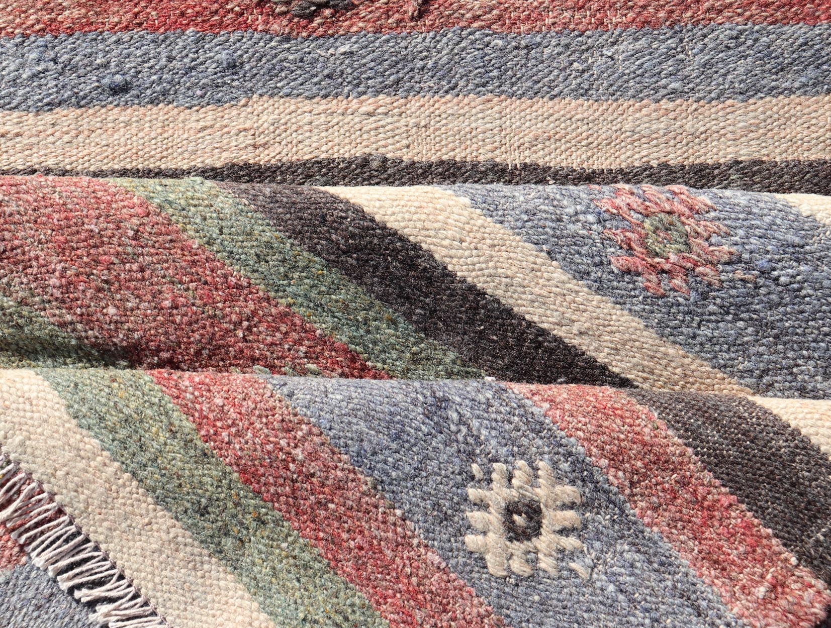 Measures: 2'8 x 10'8 Turkish Vintage Kilim Striped Runner with Tribal Motifs in Copper and Greens. Keivan Woven Arts / rug TU - NED - 5024, country of origin / type: Turkey / Kilim, circa 1950 This vintage flat - woven Kilim runner features a minimali... - Keivan Woven ArtsTU - NED - 5024 - 22285Rug