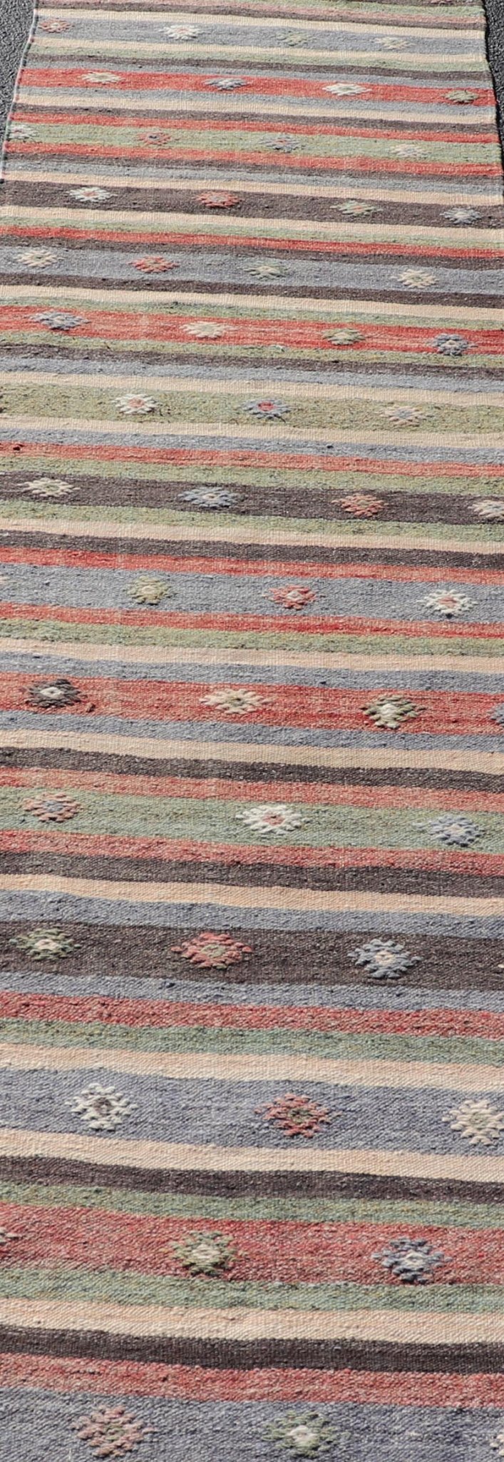 Measures: 2'8 x 10'8 Turkish Vintage Kilim Striped Runner with Tribal Motifs in Copper and Greens. Keivan Woven Arts / rug TU - NED - 5024, country of origin / type: Turkey / Kilim, circa 1950 This vintage flat - woven Kilim runner features a minimali... - Keivan Woven ArtsTU - NED - 5024 - 22285Rug