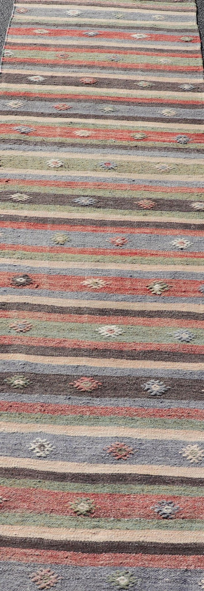 Measures: 2'8 x 10'8 Turkish Vintage Kilim Striped Runner with Tribal Motifs in Copper and Greens. Keivan Woven Arts / rug TU - NED - 5024, country of origin / type: Turkey / Kilim, circa 1950 This vintage flat - woven Kilim runner features a minimali... - Keivan Woven ArtsTU - NED - 5024 - 22285Rug