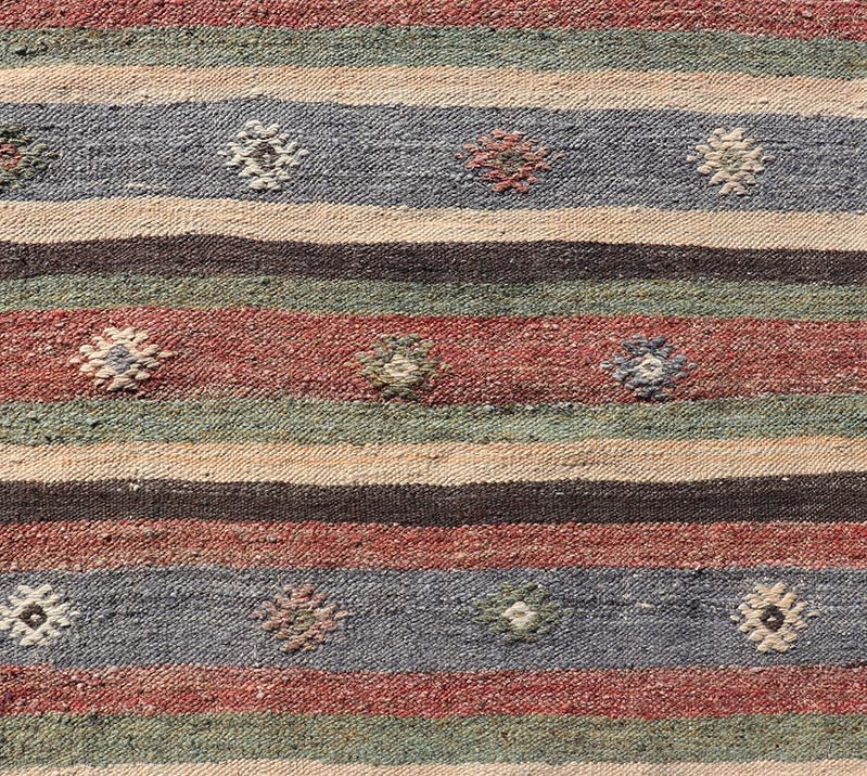 Measures: 2'8 x 10'8 Turkish Vintage Kilim Striped Runner with Tribal Motifs in Copper and Greens. Keivan Woven Arts / rug TU - NED - 5024, country of origin / type: Turkey / Kilim, circa 1950 This vintage flat - woven Kilim runner features a minimali... - Keivan Woven ArtsTU - NED - 5024 - 22285Rug