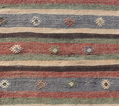 Measures: 2'8 x 10'8 Turkish Vintage Kilim Striped Runner with Tribal Motifs in Copper and Greens. Keivan Woven Arts / rug TU - NED - 5024, country of origin / type: Turkey / Kilim, circa 1950 This vintage flat - woven Kilim runner features a minimali... - Keivan Woven ArtsTU - NED - 5024 - 22285Rug