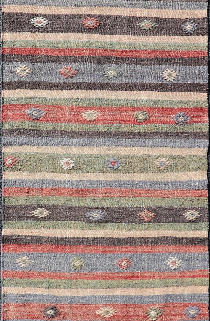 Measures: 2'8 x 10'8 Turkish Vintage Kilim Striped Runner with Tribal Motifs in Copper and Greens. Keivan Woven Arts / rug TU - NED - 5024, country of origin / type: Turkey / Kilim, circa 1950 This vintage flat - woven Kilim runner features a minimali... - Keivan Woven ArtsTU - NED - 5024 - 22285Rug