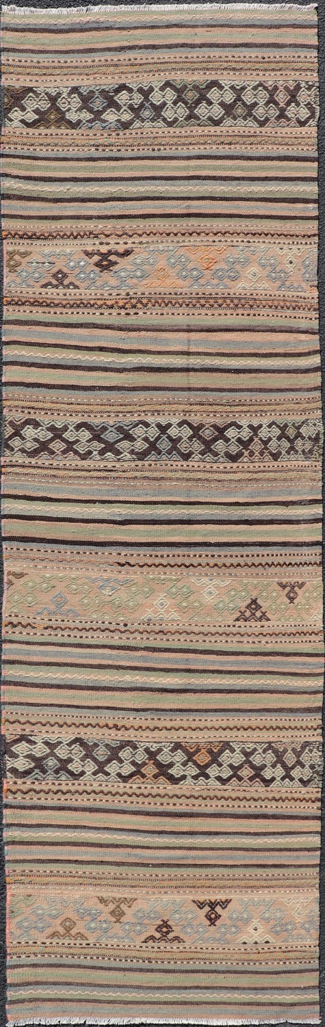 Measures: 2'8 x 9'6 Colorful Vintage Turkish Embroidered Flatweave Runner Striped Geometric Design. Keivan Woven Arts / rug TU - NED - 5026, country of origin / type: Turkey / Kilim, circa 1960. This vintage flat - woven kilim runner features a min... - Keivan Woven ArtsTU - NED - 5026 - 22297Rug