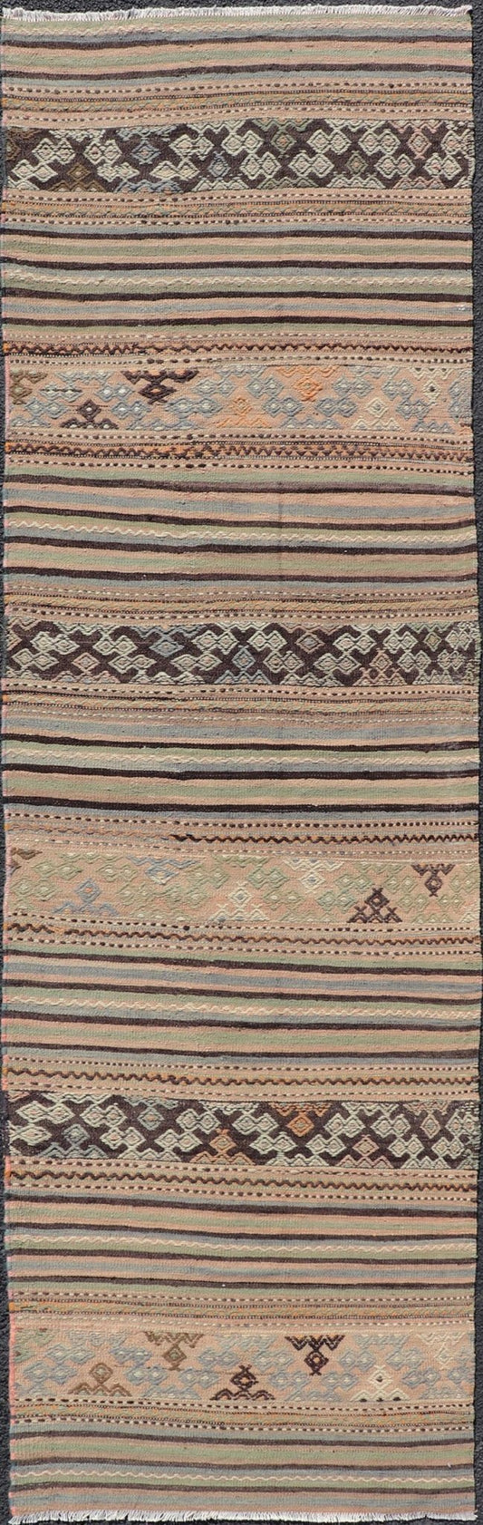 Measures: 2'8 x 9'6 Colorful Vintage Turkish Embroidered Flatweave Runner Striped Geometric Design. Keivan Woven Arts / rug TU - NED - 5026, country of origin / type: Turkey / Kilim, circa 1960. This vintage flat - woven kilim runner features a min... - Keivan Woven ArtsTU - NED - 5026 - 22297Rug