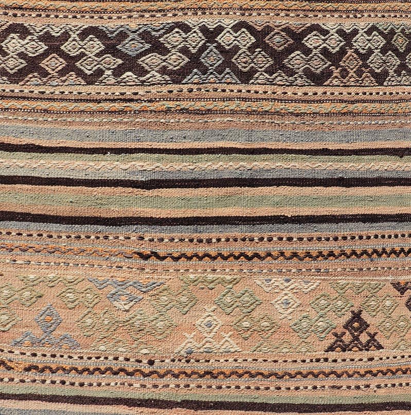 Measures: 2'8 x 9'6 Colorful Vintage Turkish Embroidered Flatweave Runner Striped Geometric Design. Keivan Woven Arts / rug TU - NED - 5026, country of origin / type: Turkey / Kilim, circa 1960. This vintage flat - woven kilim runner features a min... - Keivan Woven ArtsTU - NED - 5026 - 22297Rug