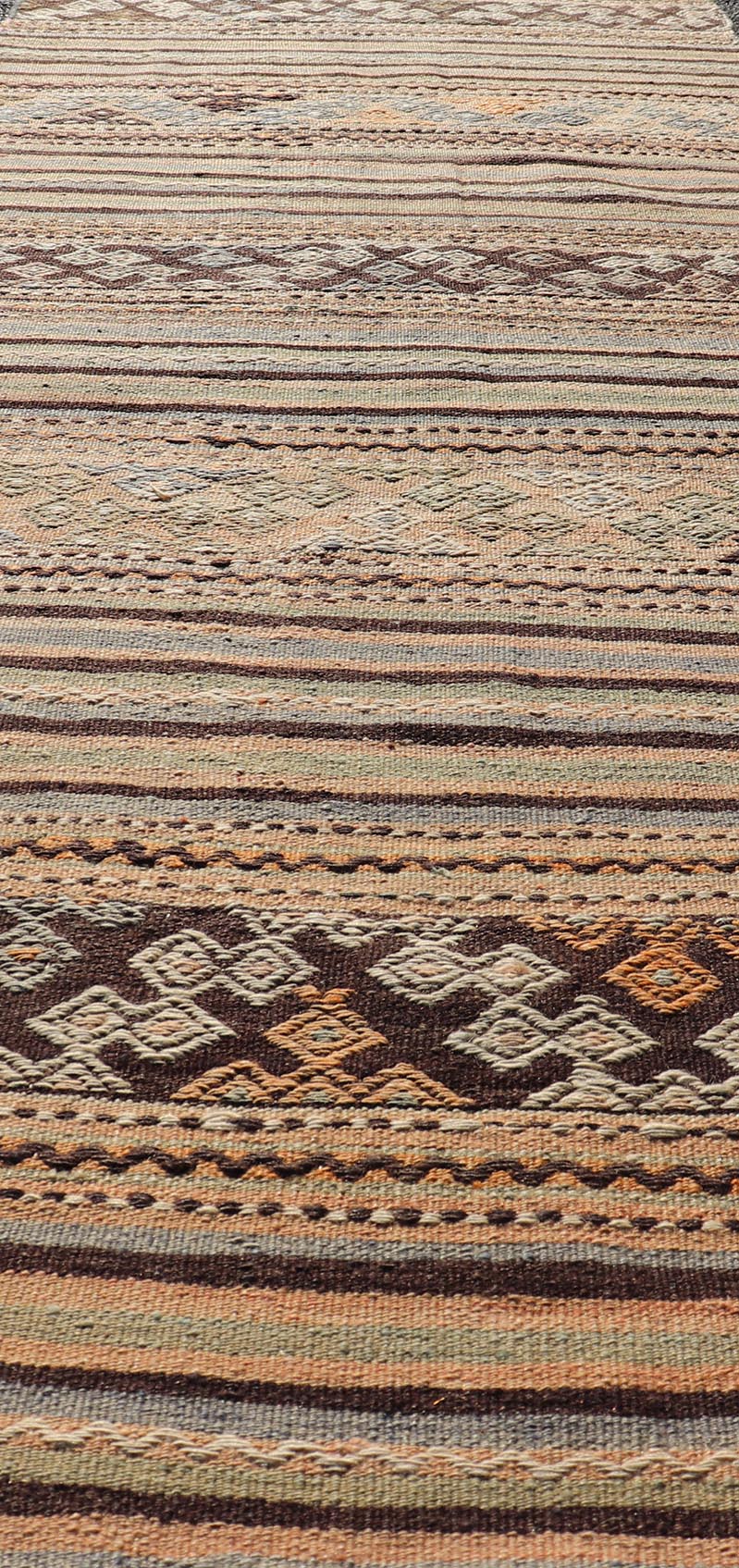 Measures: 2'8 x 9'6 Colorful Vintage Turkish Embroidered Flatweave Runner Striped Geometric Design. Keivan Woven Arts / rug TU - NED - 5026, country of origin / type: Turkey / Kilim, circa 1960. This vintage flat - woven kilim runner features a min... - Keivan Woven ArtsTU - NED - 5026 - 22297Rug