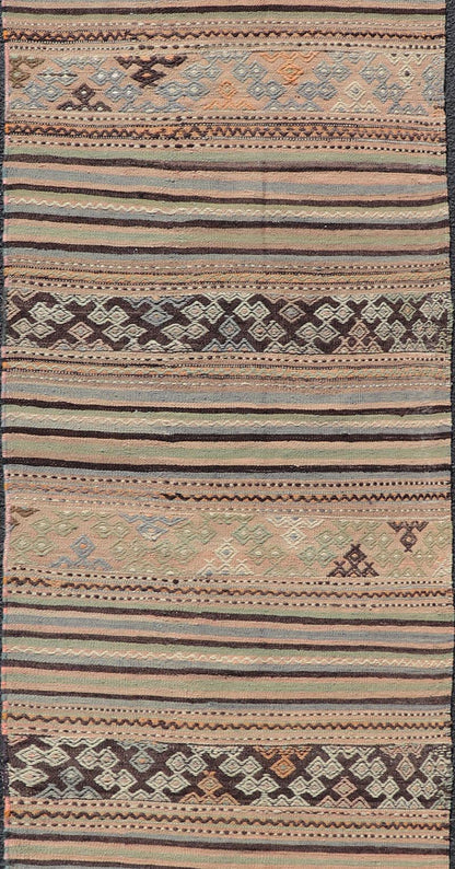 Measures: 2'8 x 9'6 Colorful Vintage Turkish Embroidered Flatweave Runner Striped Geometric Design. Keivan Woven Arts / rug TU - NED - 5026, country of origin / type: Turkey / Kilim, circa 1960. This vintage flat - woven kilim runner features a min... - Keivan Woven ArtsTU - NED - 5026 - 22297Rug
