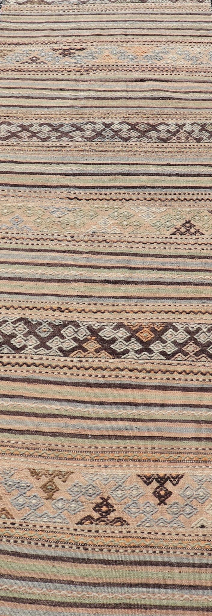 Measures: 2'8 x 9'6 Colorful Vintage Turkish Embroidered Flatweave Runner Striped Geometric Design. Keivan Woven Arts / rug TU - NED - 5026, country of origin / type: Turkey / Kilim, circa 1960. This vintage flat - woven kilim runner features a min... - Keivan Woven ArtsTU - NED - 5026 - 22297Rug