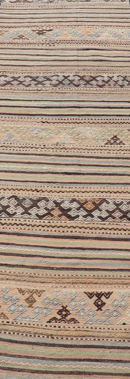 Measures: 2'8 x 9'6 Colorful Vintage Turkish Embroidered Flatweave Runner Striped Geometric Design. Keivan Woven Arts / rug TU - NED - 5026, country of origin / type: Turkey / Kilim, circa 1960. This vintage flat - woven kilim runner features a min... - Keivan Woven ArtsTU - NED - 5026 - 22297Rug