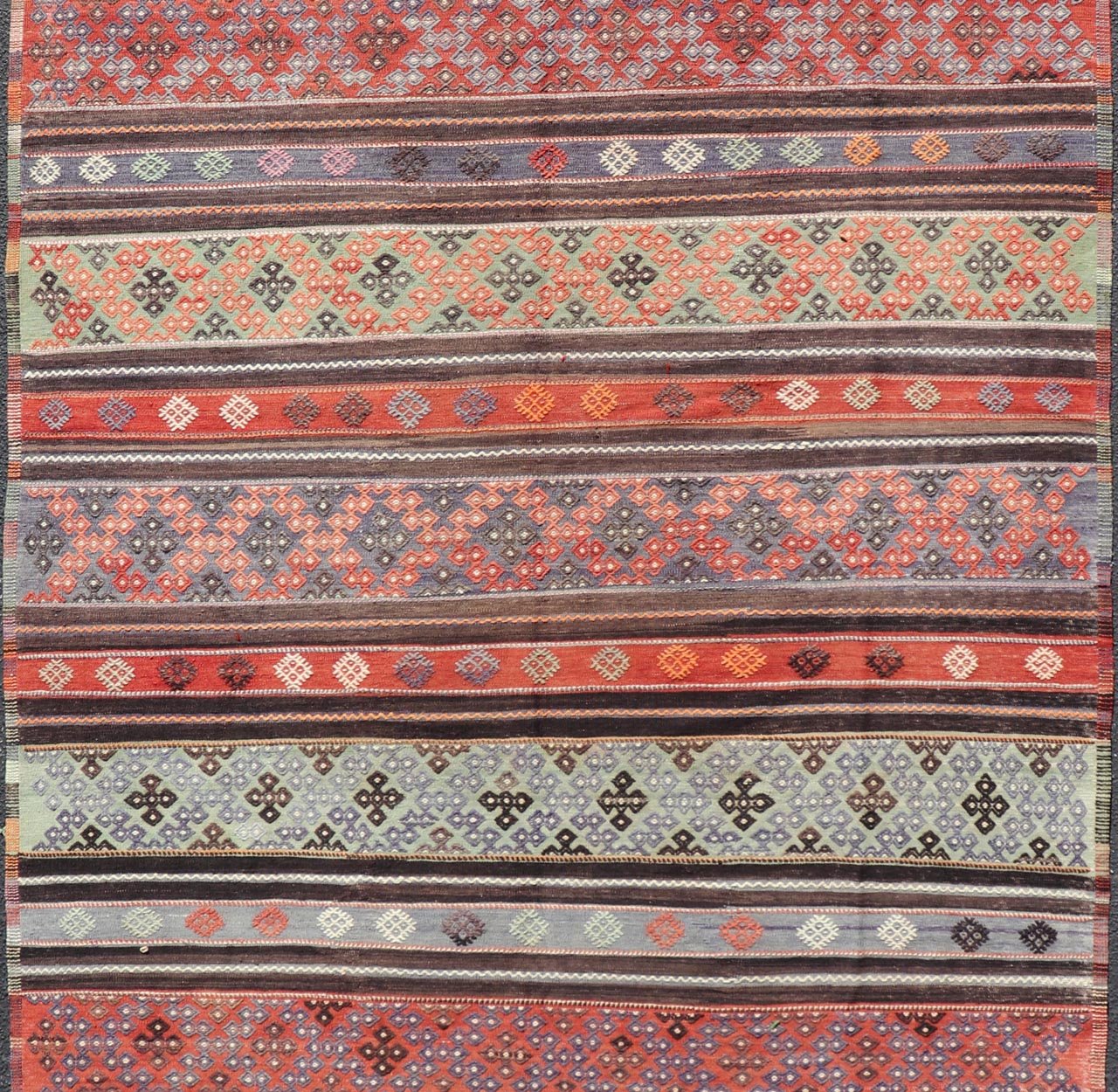 Measures: 6'0 x 10'8 Vintage Turkish Embroidered Large Gallery Kilim Rug with Stripe Design. Keivan Woven Arts / rug TU - NED - 5027, country of origin / type: Turkey / Kilim, circa Mid - 20th Century. Woven during the mid - 20th century in Turkey, this... - Keivan Woven ArtsTU - NED - 5027 - 22303Rug
